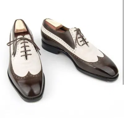 Pre-owned Handmade Men's Leather Oxfords Wingtip Two Tone Formal White Brown Shoes-525