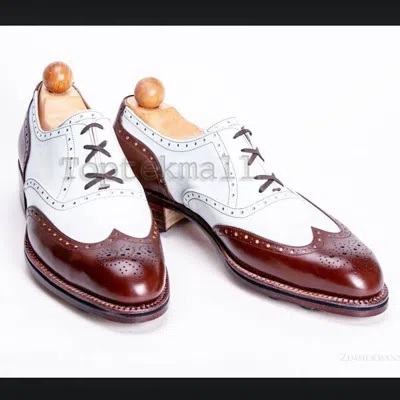 Pre-owned Handmade Men's Leather Oxfords Wingtip Two Tone Maroon White Brogue Shoes-836