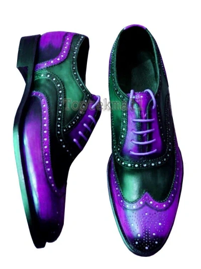 Pre-owned Handmade Men's Leather Oxfords Wingtip Two Tone Purple Black Brogues Shoes-35