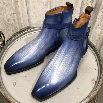 Pre-owned Handmade Men's Leather Patina Ankle High Formal Men Shoes Stylish Boots-868 In Blue