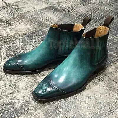 Pre-owned Handmade Men's Leather Patina Chelsea Formal Style Grade Dress Boots-735 In Green