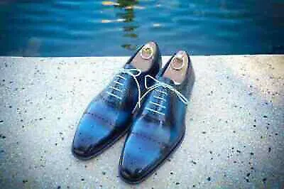 Pre-owned Handmade Men's Leather Patina Lace Up Oxfords Custom Made Dress Shoes-184 In Blue