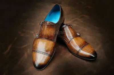 Pre-owned Handmade Men's Leather Patina Monk Straps Custom Made Dress Shoes-894 In Brown