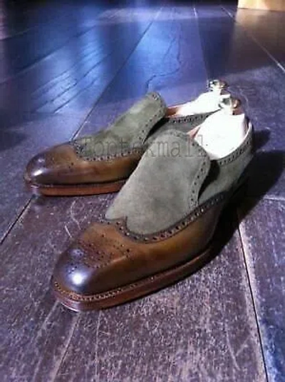 Pre-owned Handmade Men's Leather Patina Two Tone Loafers Slip Ons Custom Made Shoes-422 In Brown