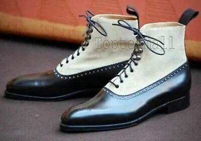 Pre-owned Handmade Men's Leather Pure Denim Black & White Two Tone Formal Boots-646