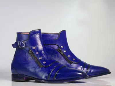 Pre-owned Handmade Men's Leather Purple Dress Cap Toe Buckle & Zipper High Ankle Boots-606