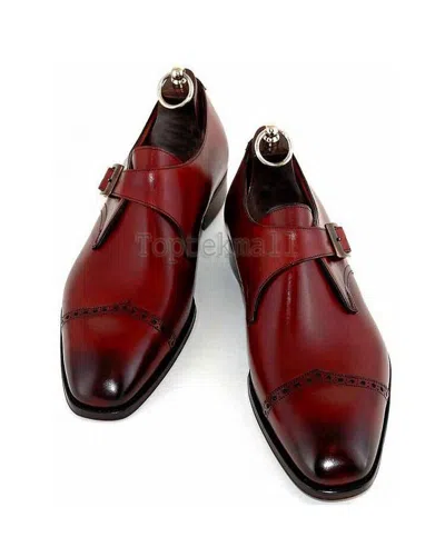 Pre-owned Handmade Men's Leather Red Colored Single Buckle Monk Straps Fashion Shoes-672