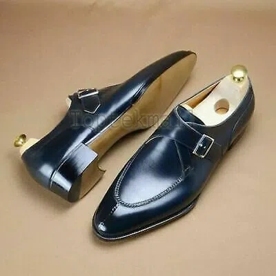 Pre-owned Handmade Men's Leather Single Monk Blue Formal Dress Formal Stylish Shoes-409