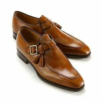 Pre-owned Handmade Men's Leather Single Monk Buckle Brown Top Quality Formal Shoes-373
