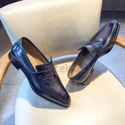 Pre-owned Handmade Men's Leather Smoked Black Patina Loafers & Slip Ons Dress Shoes-973 In Purple