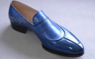 Pre-owned Handmade Men's Leather Split Toe Formal Loafers Slip Ons Dress Stylish Shoes-444 In Blue
