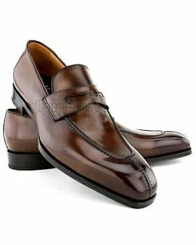Pre-owned Handmade Men's Leather Split Toe High Quality Brown Loafers Slip Ons Shoes-480