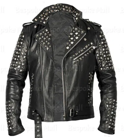 Pre-owned Handmade Men Leather Studs Embellishment Leather Motorcycle Jacket-221 In Black