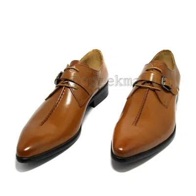 Pre-owned Handmade Men's Leather Stylish Brown Monk Strap Lace Up Formal Shoes-237
