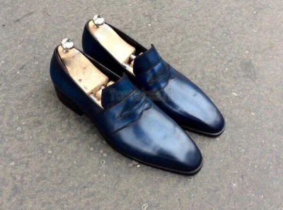Pre-owned Handmade Men's Leather Stylish Classic Formal Blue Stylish Loafers Shoes-1005