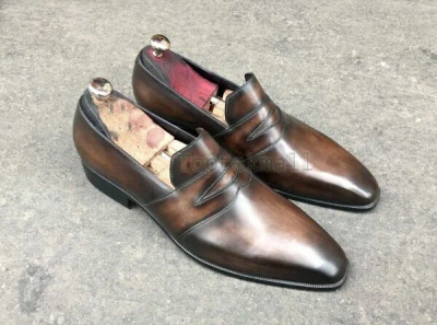 Pre-owned Handmade Men's Leather Stylish Classic Formal Brown Stylish Loafers Shoes-1012