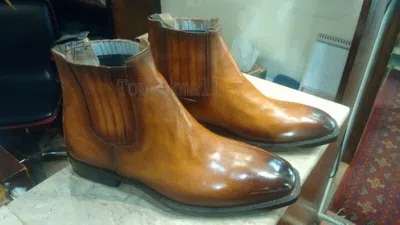 Pre-owned Handmade Men's Leather Stylish Cognac Patina Ankle High Chelsea Boots-979 In Brown