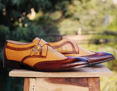 Pre-owned Handmade Men's Leather Stylish Tan Classic Single Monk Strap Fashion Shoes-2 In Brown