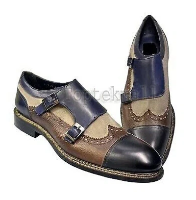 Pre-owned Handmade Men's Leather Suede Blue Brown Black Double Monk Straps Shoes-677 In Multicolor