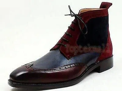 Pre-owned Handmade Men's Leather Suede Maroon & Black Lace Up Brogue Ankle High Boots-636 In Multicolor