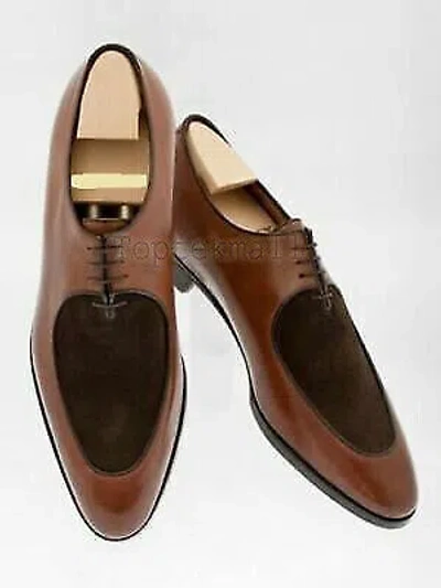 Pre-owned Handmade Men's Leather Suede Wingtip Two Tone Brown Formal Dress Shoes-152