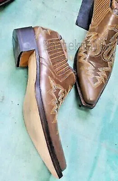 Pre-owned Handmade Men's Leather Super Mexican Embroidered Cowboy Taxes Western Boots-632 In Brown