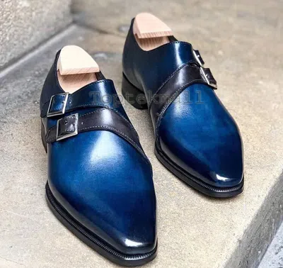 Pre-owned Handmade Men's Leather Super Stylish Double Monk Straps Dress Stylish Shoes-446 In Blue