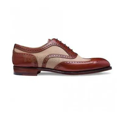 Pre-owned Handmade Men's Leather Tan & Cream Suede Oxfords Brogue Wingtip Dress Shoes-99 In White
