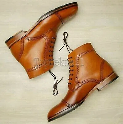 Pre-owned Handmade Men's Leather Tan Brogue Dress Ankle High Formal Casual Wear Boots-615 In Brown