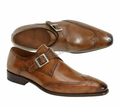 Pre-owned Handmade Men's Leather Tan Brown Monk Straps Stylish Formal Dress Shoes-385