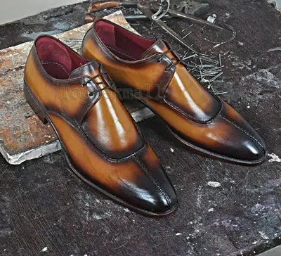 Pre-owned Handmade Men's Leather Tan Color Formal Dress Classical Burnished Toe Shoes-201 In Brown