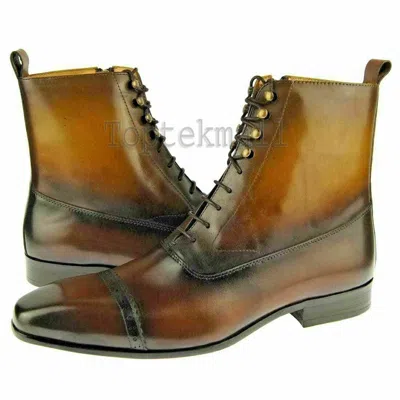 Pre-owned Handmade Men's Leather Tan Dress Ankle High Casual Formal Winter Boots-566 In Brown