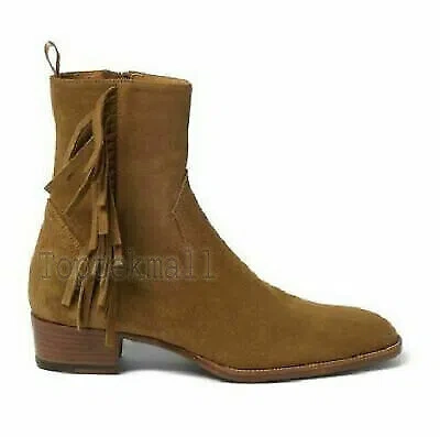 Pre-owned Handmade Men's Leather Tan Fringed Ankle High Suede Formal Casual Boots-618 In Brown