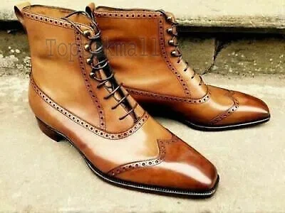 Pre-owned Handmade Men's Leather Tan Lace Up Formal Wear Casual Ankle High Dress Boots-621 In Brown