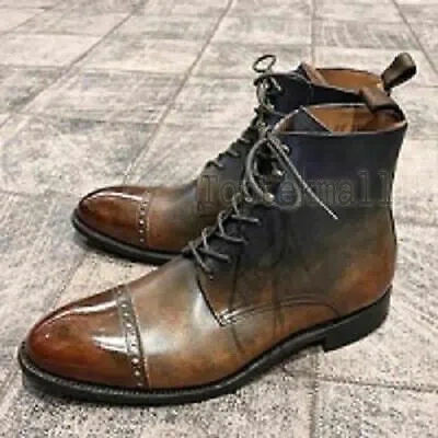 Pre-owned Handmade Men's Leather Tan Patina Ankle High Boots Formal Men Custom Boots-741 In Brown