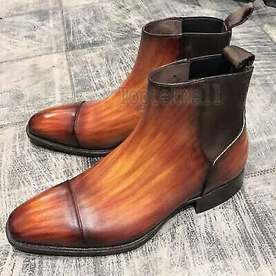 Pre-owned Handmade Men's Leather Tan Patina Chelsea Boots Formal Shoes Custom Boots-774