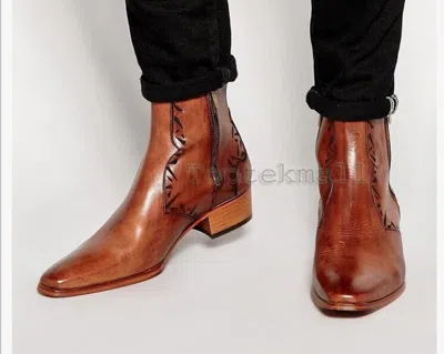 Pre-owned Handmade Men's Leather Tan Unique Chelsea Ankle Dress Formal Casual Boots-559 In Brown