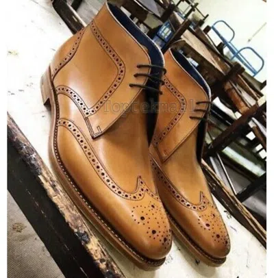 Pre-owned Handmade Men's Leather Tan Wing Tip Brogue Leather Ankle High Chukka Boots-543 In Brown