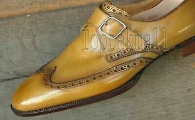 Pre-owned Handmade Men's Leather Tan Wingtip Single Monk Buckle Strap Dress Shoes-439 In Brown