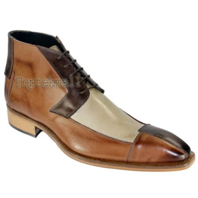 Pre-owned Handmade Men's Leather Three Tone Stylish Fashion Formal Moccasin Ankle Boots-75