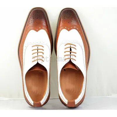 Pre-owned Handmade Men's Leather Two Tone Brogues Brown & White Oxfords Custom Shoes-830