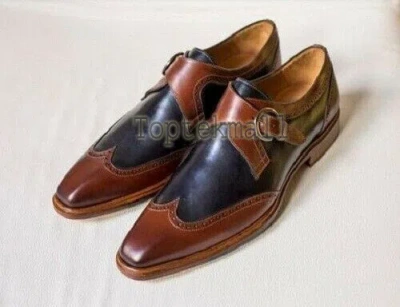 Pre-owned Handmade Men's Leather Two Tone Brown And Blue Monk Straps Formal Shoes-645