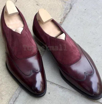 Pre-owned Handmade Men's Leather Two Tone Burgundy Loafer Fashion Party Moccasin Shoes-20 In Red