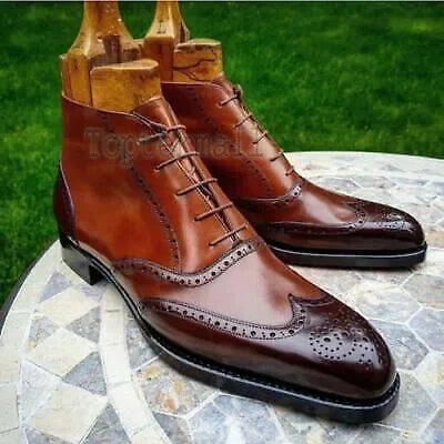 Pre-owned Handmade Men's Leather Two Tone Cap Toe Brown Fashion Ankle Lace Up Boots-647