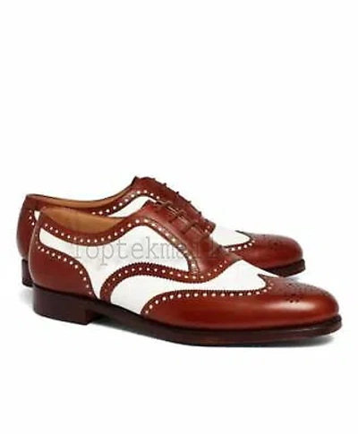 Pre-owned Handmade Men's Leather Two Tone Custom Oxfords Spectators Top Quality Shoes-820 In Whit & Brown