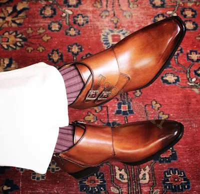 Pre-owned Handmade Men's Leather Two Tone Double Monk Straps Fashion Ankle High Boots-552 In Brown