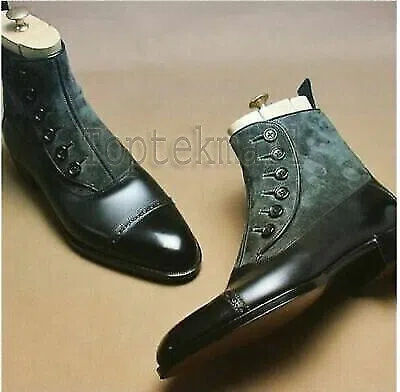 Pre-owned Handmade Men's Leather Two Tone Formal Button Up Cap Toe Ankle Boots-642 In Black