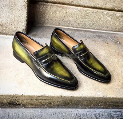 Pre-owned Handmade Men's Leather Two Tone Formal Dress Fashion Loafer & Slip On Shoes-753