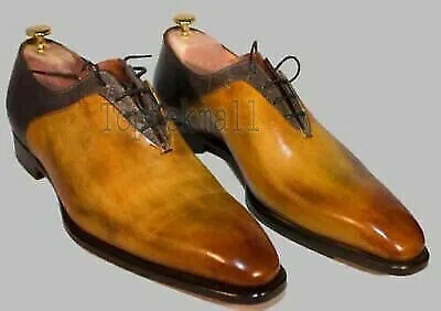Pre-owned Handmade Men's Leather Two Tone Lace Up Dress Shoes Unique Design Shoes-775 In Tan Patina