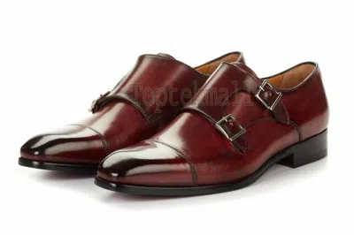 Pre-owned Handmade Men's Leather Two Tone Maroon Toe Cap Double Monk Straps Shoes-755 In Red